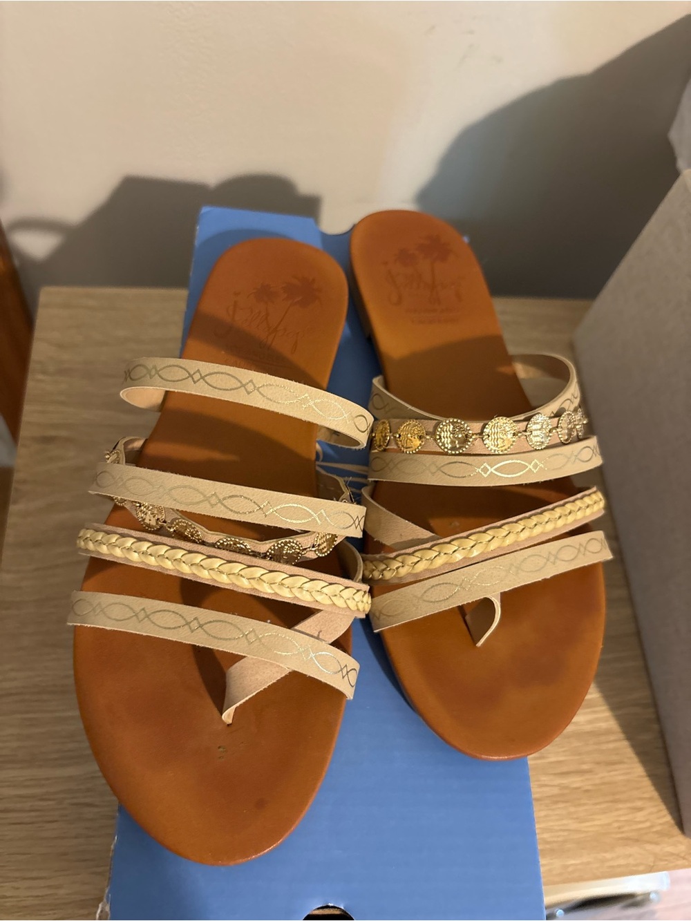 Jellypop Beige Strappy Slide Sandals with Gold Medallion Accents